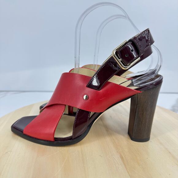 JIMMY CHOO Platform Sandal AIX 125 Red Leather Wood Heels Gold Patent Size 40 - Picture 3 of 12